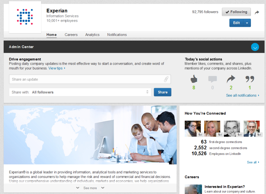 Experian's company page in LinkedIn, which was the hub of our content marketing efforts.